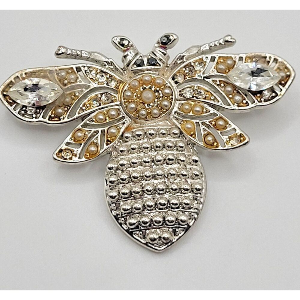 Crystal Encrusted Bee Brooch Imitation Pearl Pave Set 1.5in